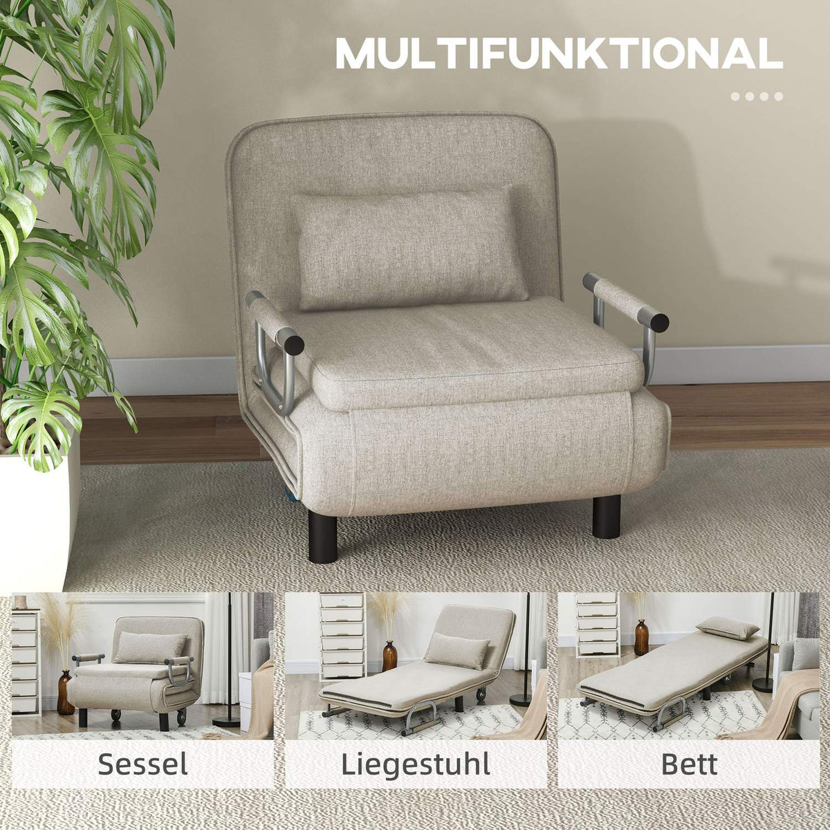 3 in 1 sleeping chair, sofa bed with bed function, folding chair with 3-level adjustable backrest, wheels, steel frame, 120kg load capacity, for living room, gray