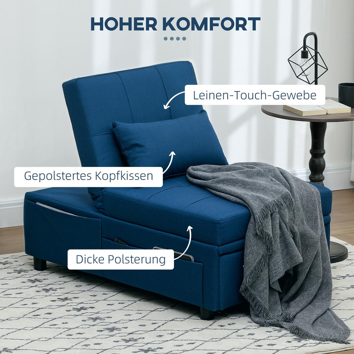 3-in-1 sofa bed with bed function, pull-out sofa bed, sleeping chair with side pocket, adjustable backrest, load capacity up to 150 kg, for living room, bedroom, blue
