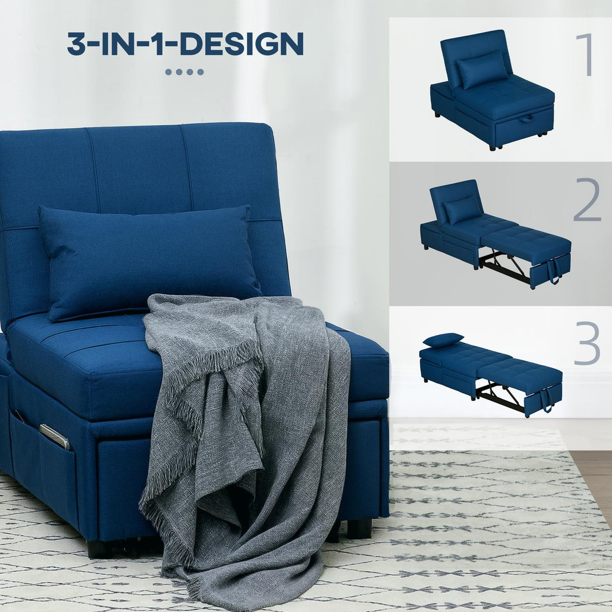 3-in-1 sofa bed with bed function, pull-out sofa bed, sleeping chair with side pocket, adjustable backrest, load capacity up to 150 kg, for living room, bedroom, blue