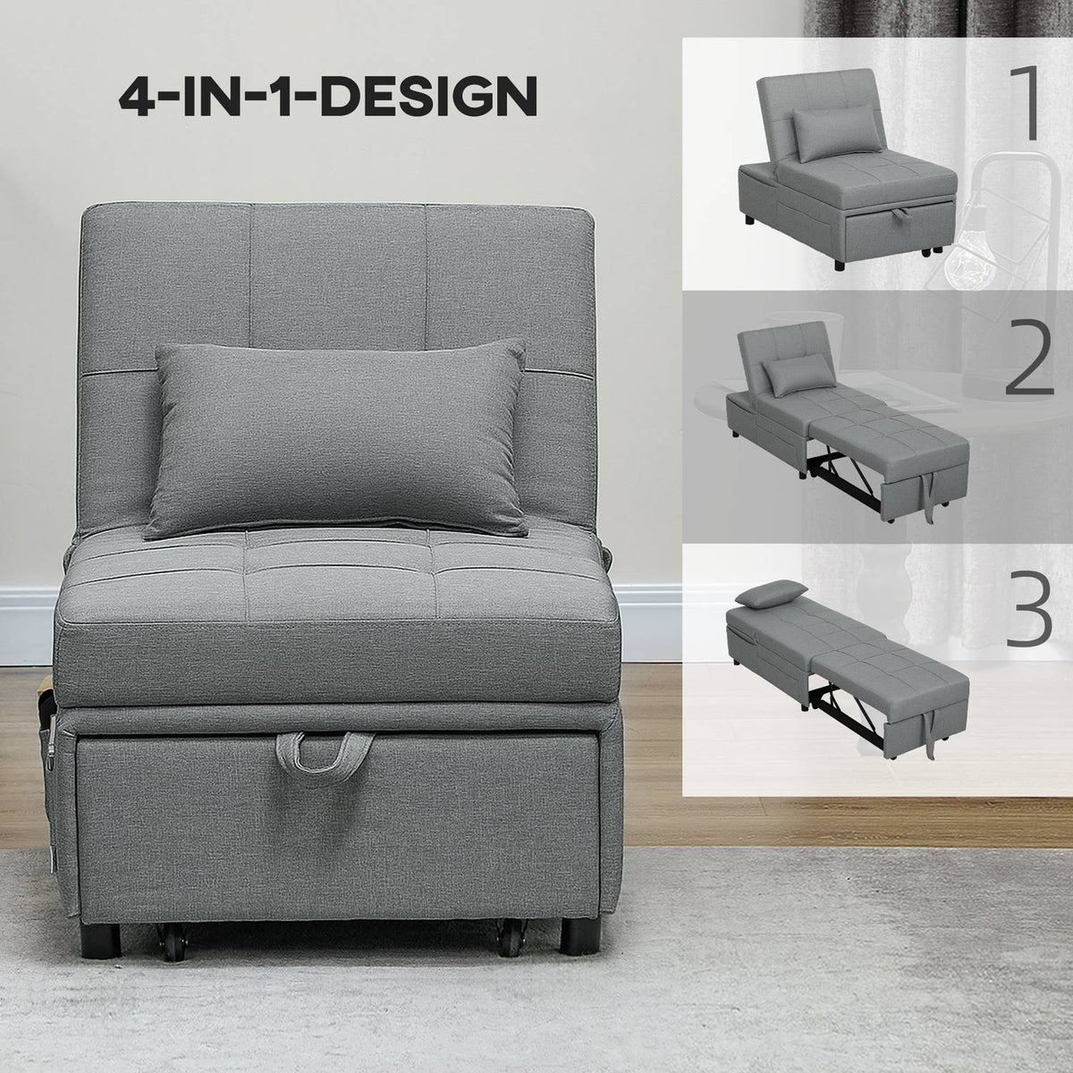 3-in-1 sofa bed with bed function, pull-out sofa bed, sleeping chair with side pocket, adjustable backrest, load capacity up to 150 kg, for living room, bedroom, light gray