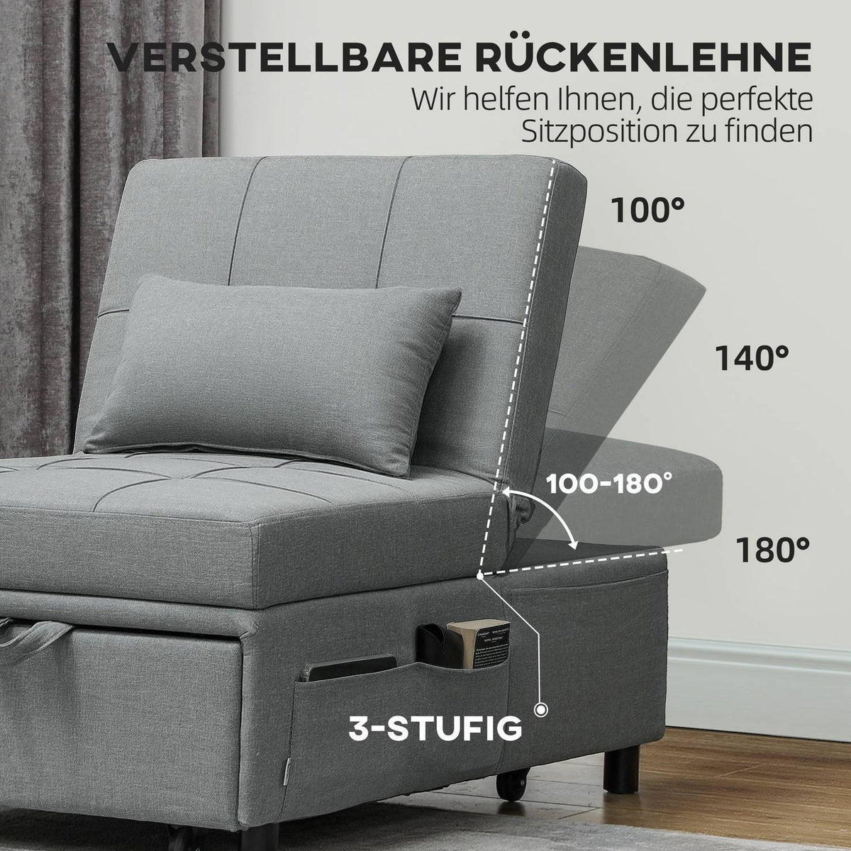 3-in-1 sofa bed with bed function, pull-out sofa bed, sleeping chair with side pocket, adjustable backrest, load capacity up to 150 kg, for living room, bedroom, light gray