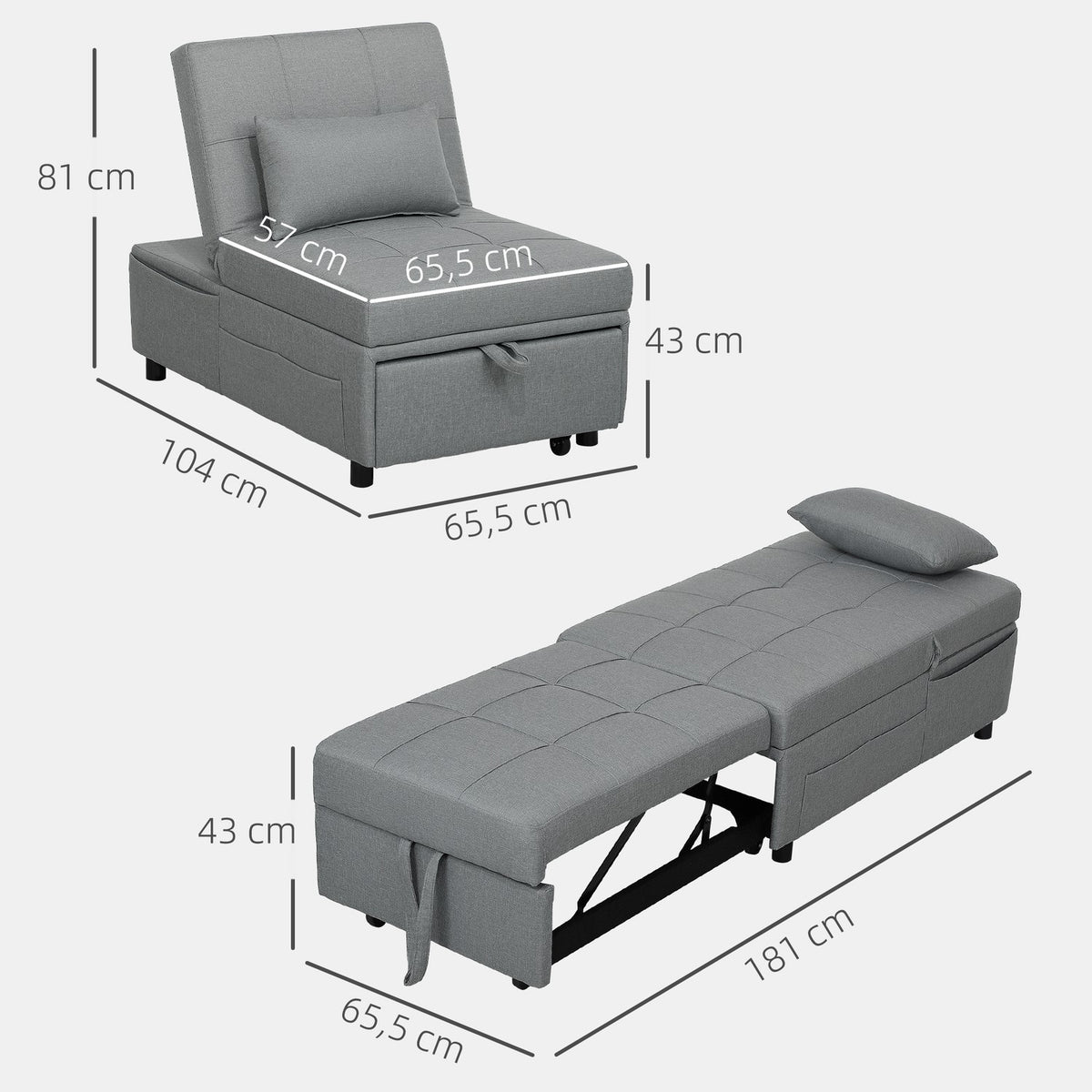 3-in-1 sofa bed with bed function, pull-out sofa bed, sleeping chair with side pocket, adjustable backrest, load capacity up to 150 kg, for living room, bedroom, light gray