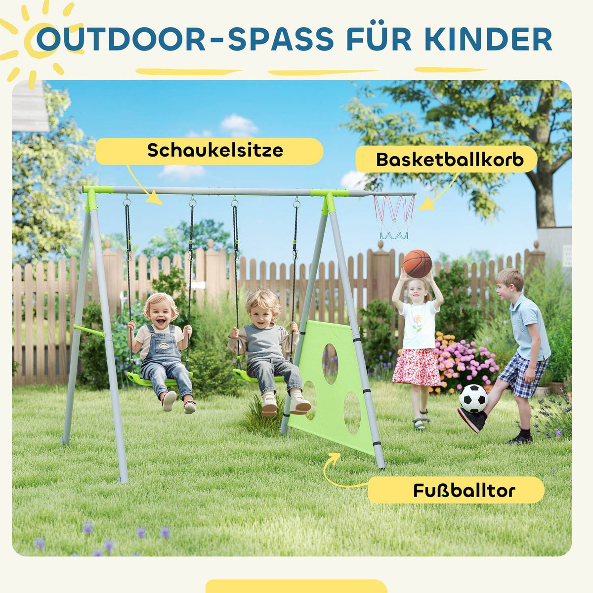 3 in 1 swing frame outdoor swing frame with 2 swings, basketball hoop, football goal, children's swing with metal frame, garden swing for children