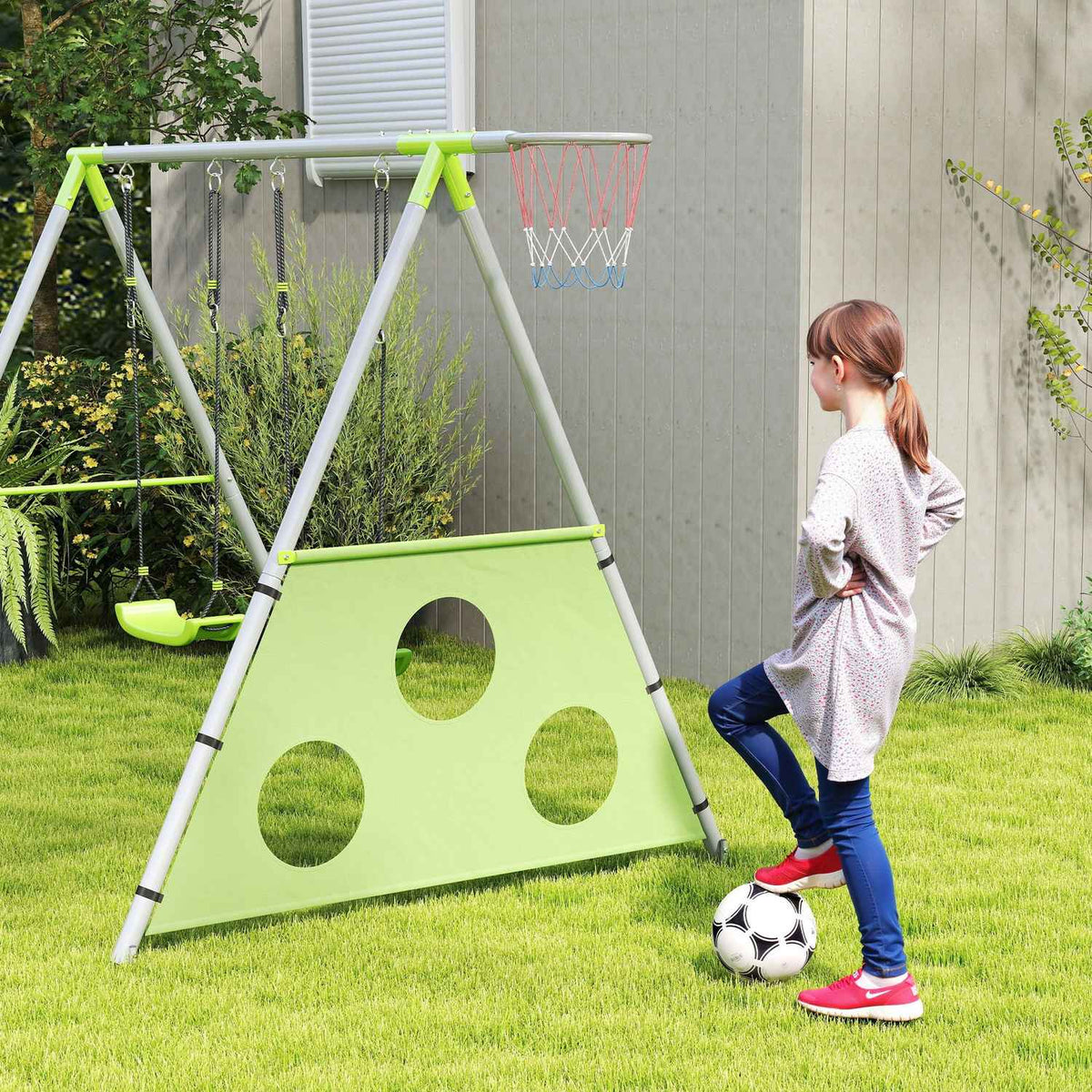 3 in 1 swing frame outdoor swing frame with 2 swings, basketball hoop, football goal, children's swing with metal frame, garden swing for children