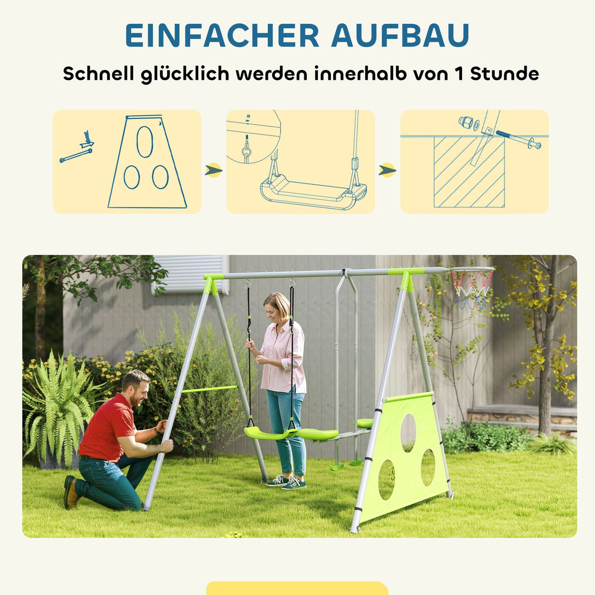3 in 1 swing frame outdoor swing frame with 2 swings, basketball hoop, football goal, children's swing with metal frame, garden swing for children