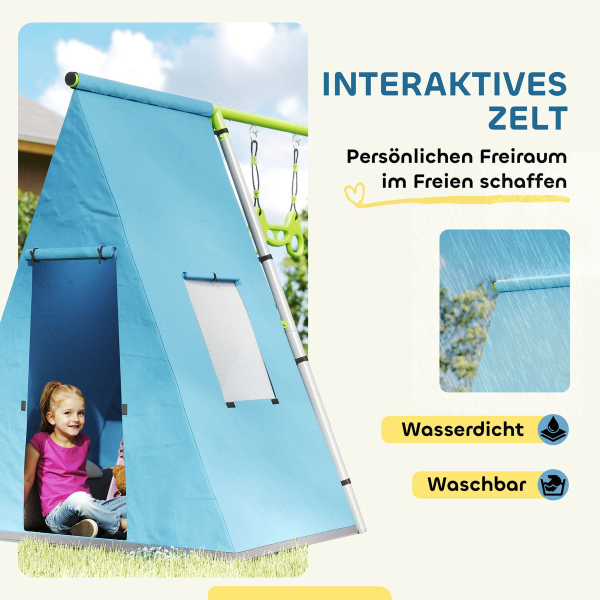 3 in 1 swing frame outdoor swing frame with play tent, swing and gymnastics rings, children's swing with metal frame, garden swing for children green