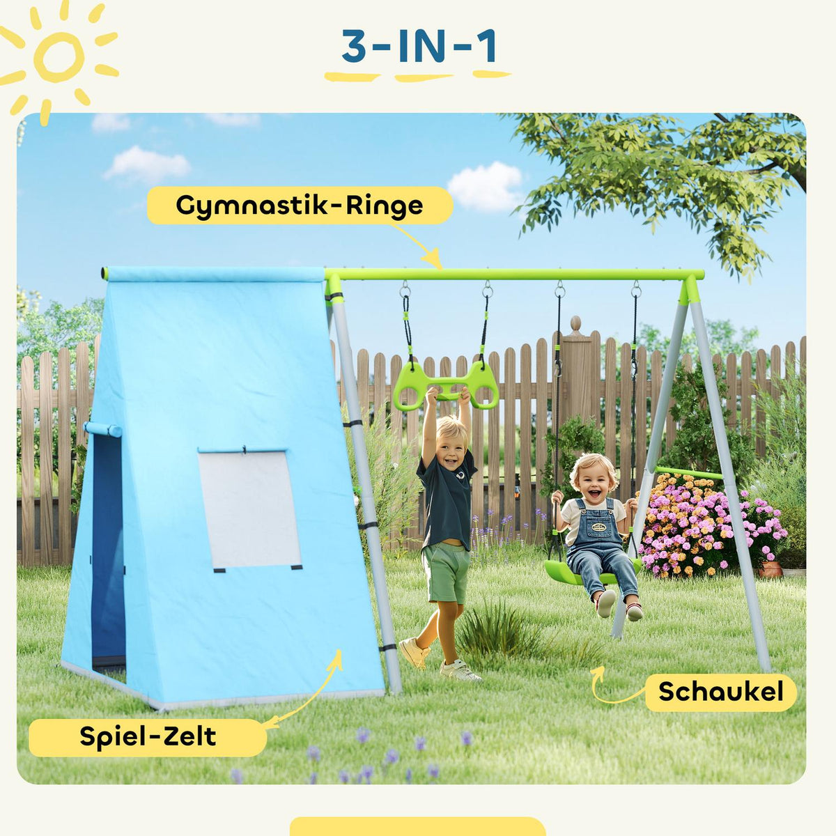 3 in 1 swing frame outdoor swing frame with play tent, swing and gymnastics rings, children's swing with metal frame, garden swing for children green