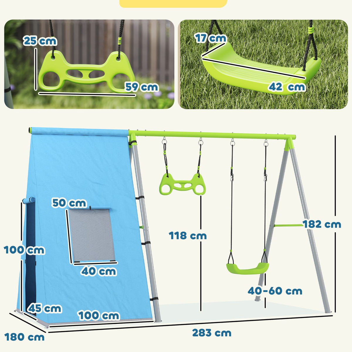 3 in 1 swing frame outdoor swing frame with play tent, swing and gymnastics rings, children's swing with metal frame, garden swing for children green