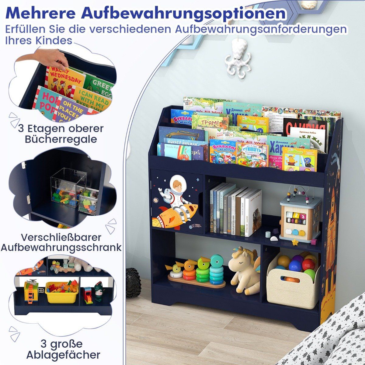 3 in 1 toy shelf with storage compartments & door 3 tier children's shelf bookcase 93 x 30 x 100 cm blue