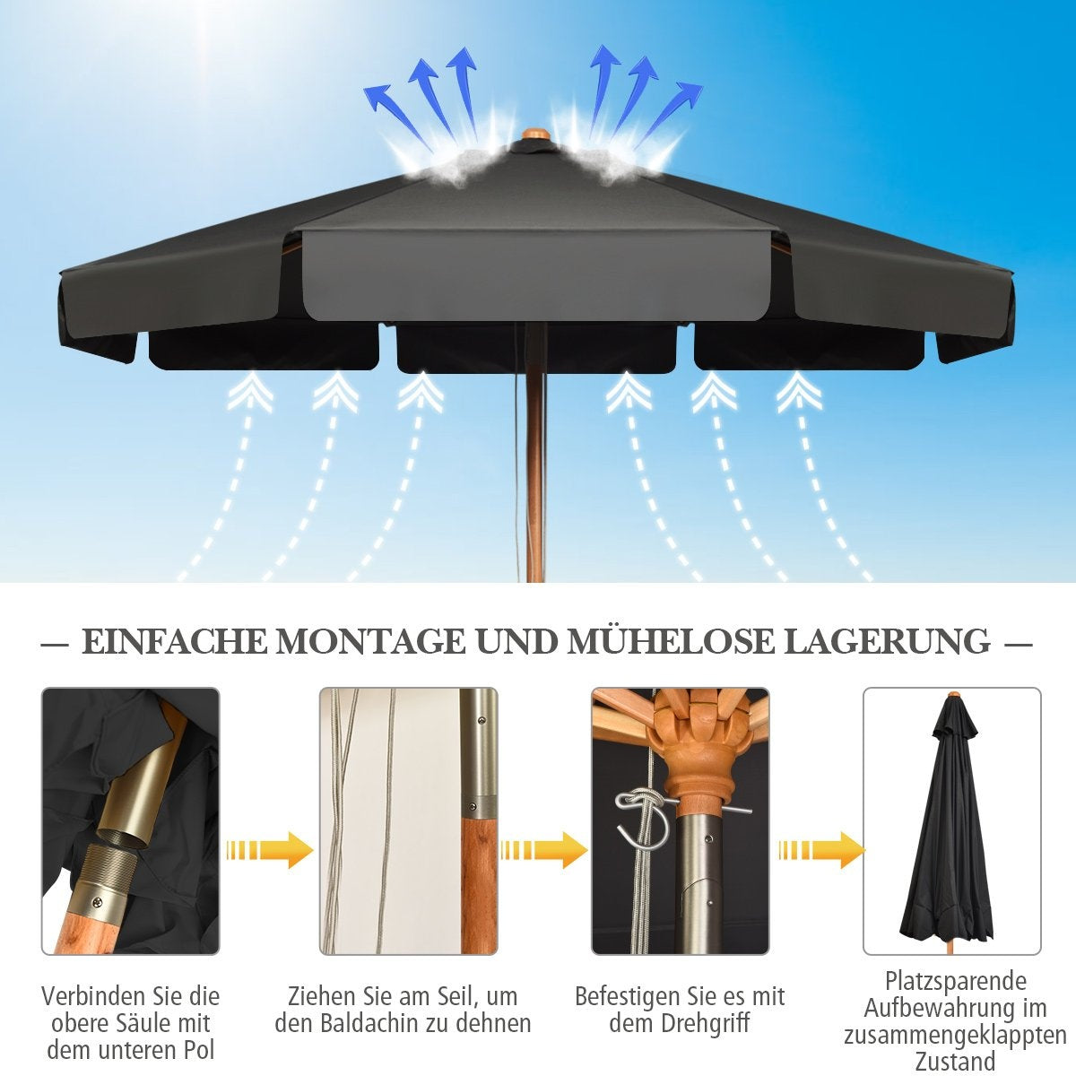 3m parasol with adjustable tilt angle, 8 crossbars & waterproof polyester fabric with UV protection, grey