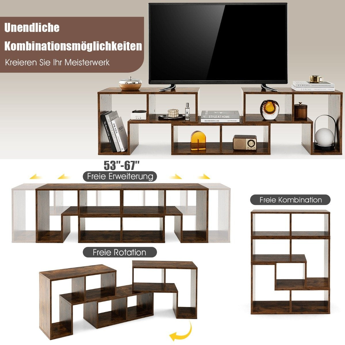 3-part wooden TV cabinet for TVs up to 65" Freely combinable TV stand brown