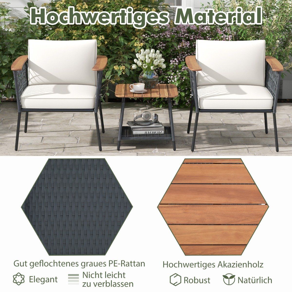 3 pcs. Garden Furniture Set Rattan Chair Set with 2 Tier Coffee Table Outdoor Conversation Set