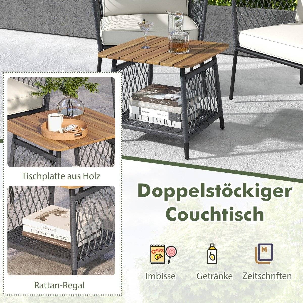 3 pcs. Garden Furniture Set Rattan Chair Set with 2 Tier Coffee Table Outdoor Conversation Set