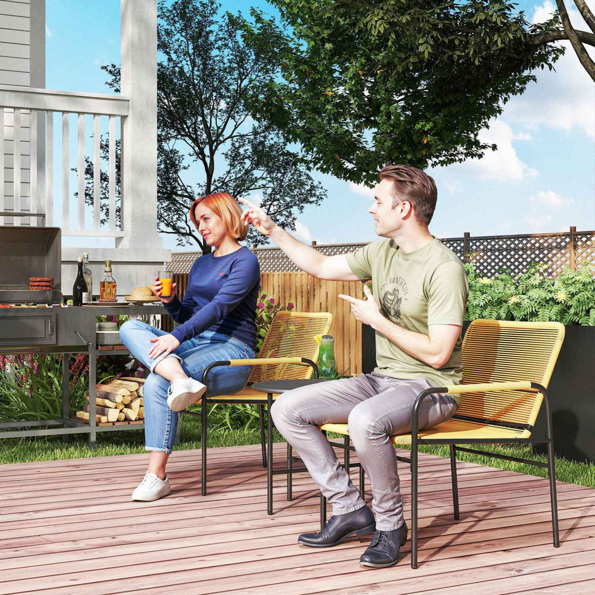 3 pcs. Rattan bistro set, seating group, garden set with 2 garden chairs, coffee table, balcony furniture set for garden, terrace, steel, yellow |