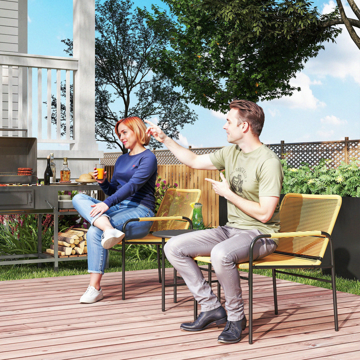 3 pcs. Rattan bistro set, seating group, garden set with 2 garden chairs, coffee table, balcony furniture set for garden, terrace, steel, yellow |