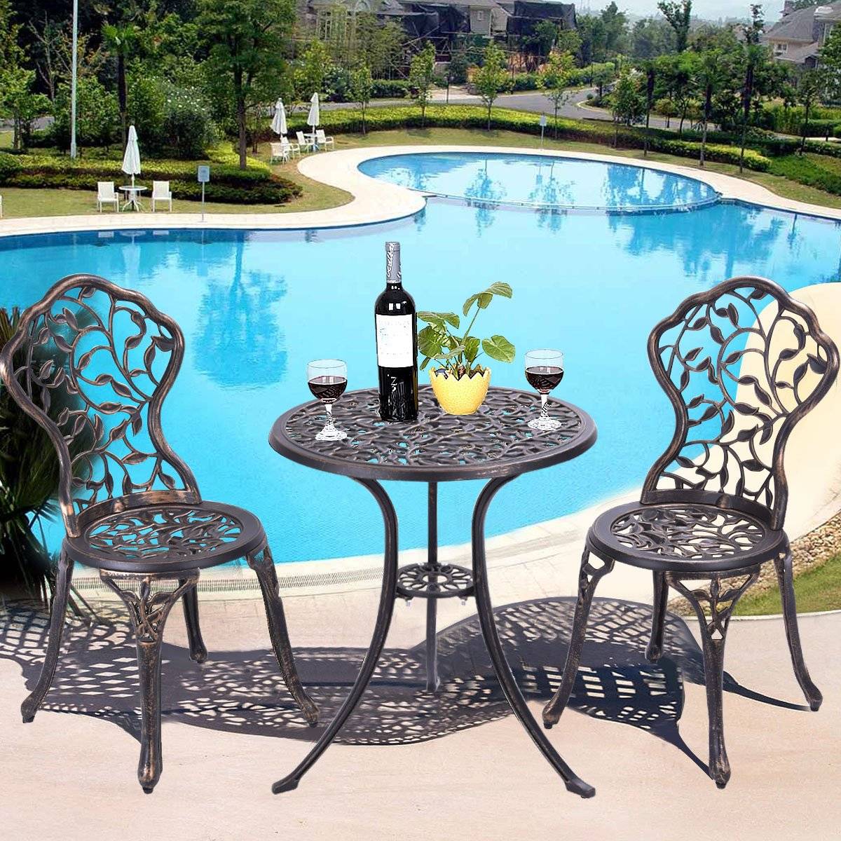 3-piece antique cast aluminum bistro set balcony set seating group garden table with 2 chairs black