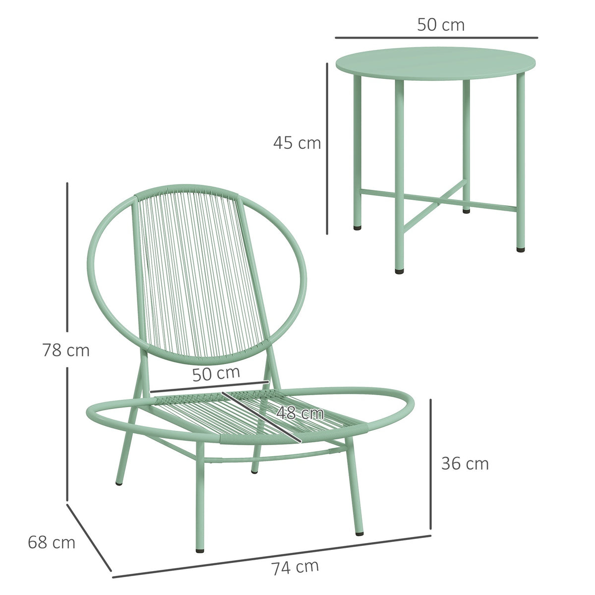 3-piece bistro set made of steel, weatherproof garden furniture set with bistro table, ergonomic shell-shaped garden chairs, outdoor balcony furniture set, seating group, balcony set, garden set, green
