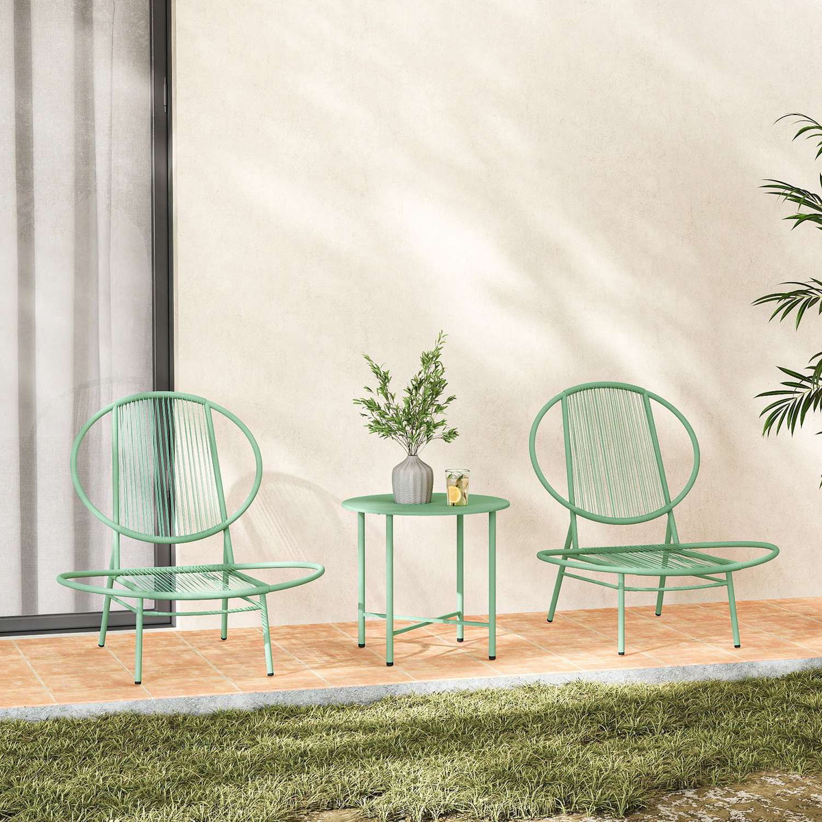 3-piece bistro set made of steel, weatherproof garden furniture set with bistro table, ergonomic shell-shaped garden chairs, outdoor balcony furniture set, seating group, balcony set, garden set, green