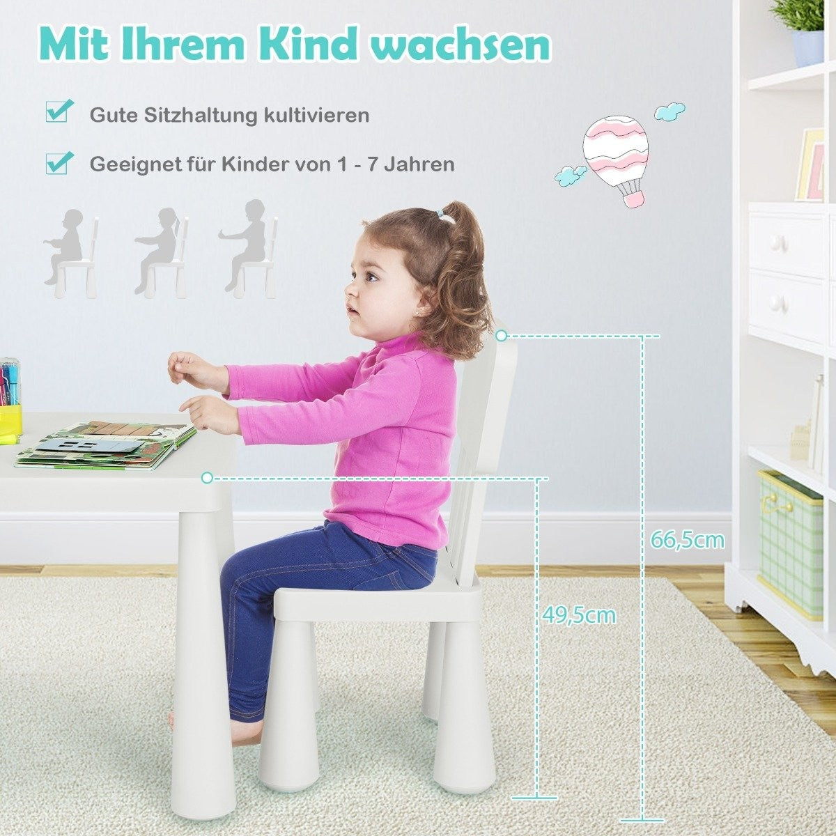 3-piece children's seating set, children's table with 2 chairs, children's furniture made of white plastic