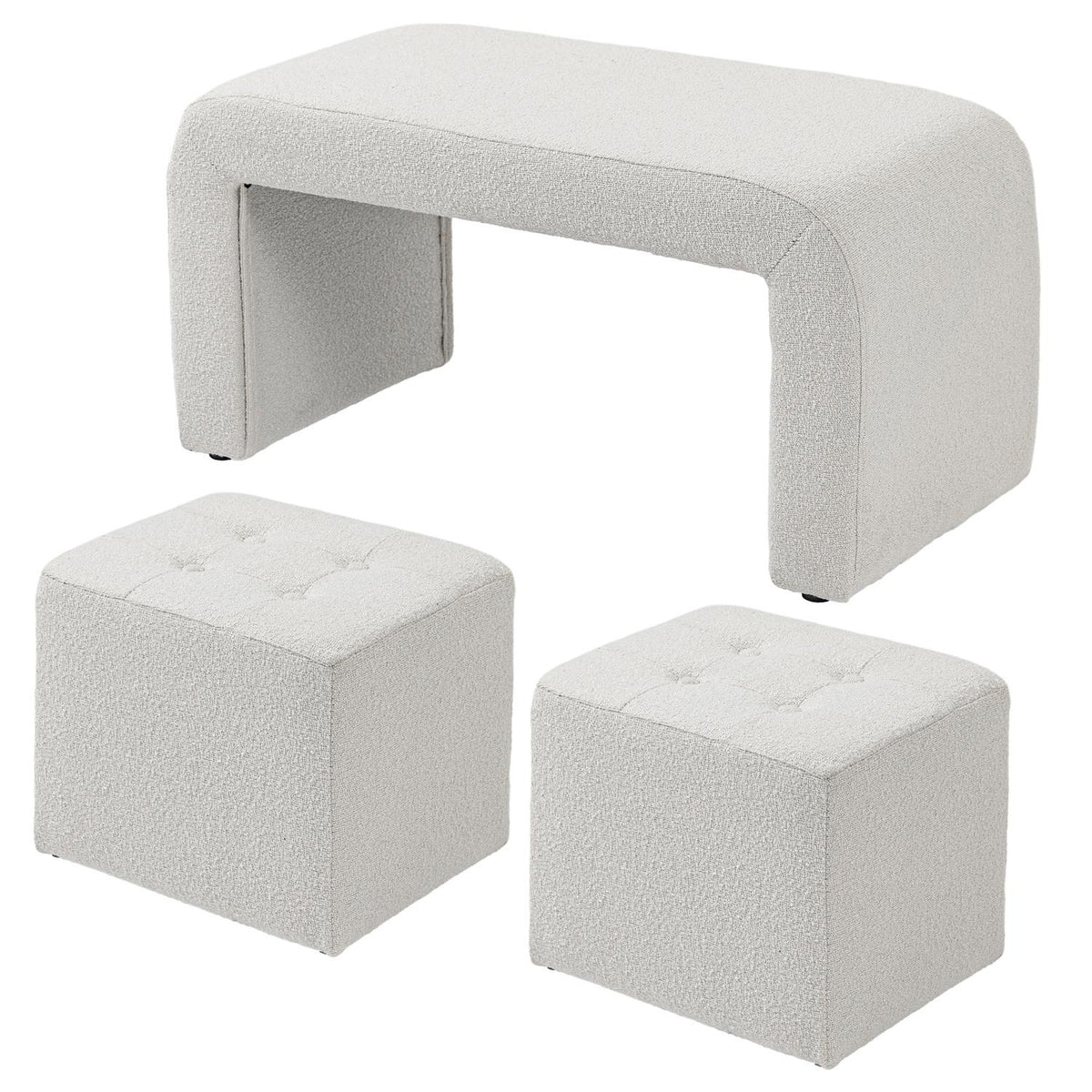 3-piece footstool, ottoman with 3 stools, footrest, upholstered stool for living room, bedroom, white