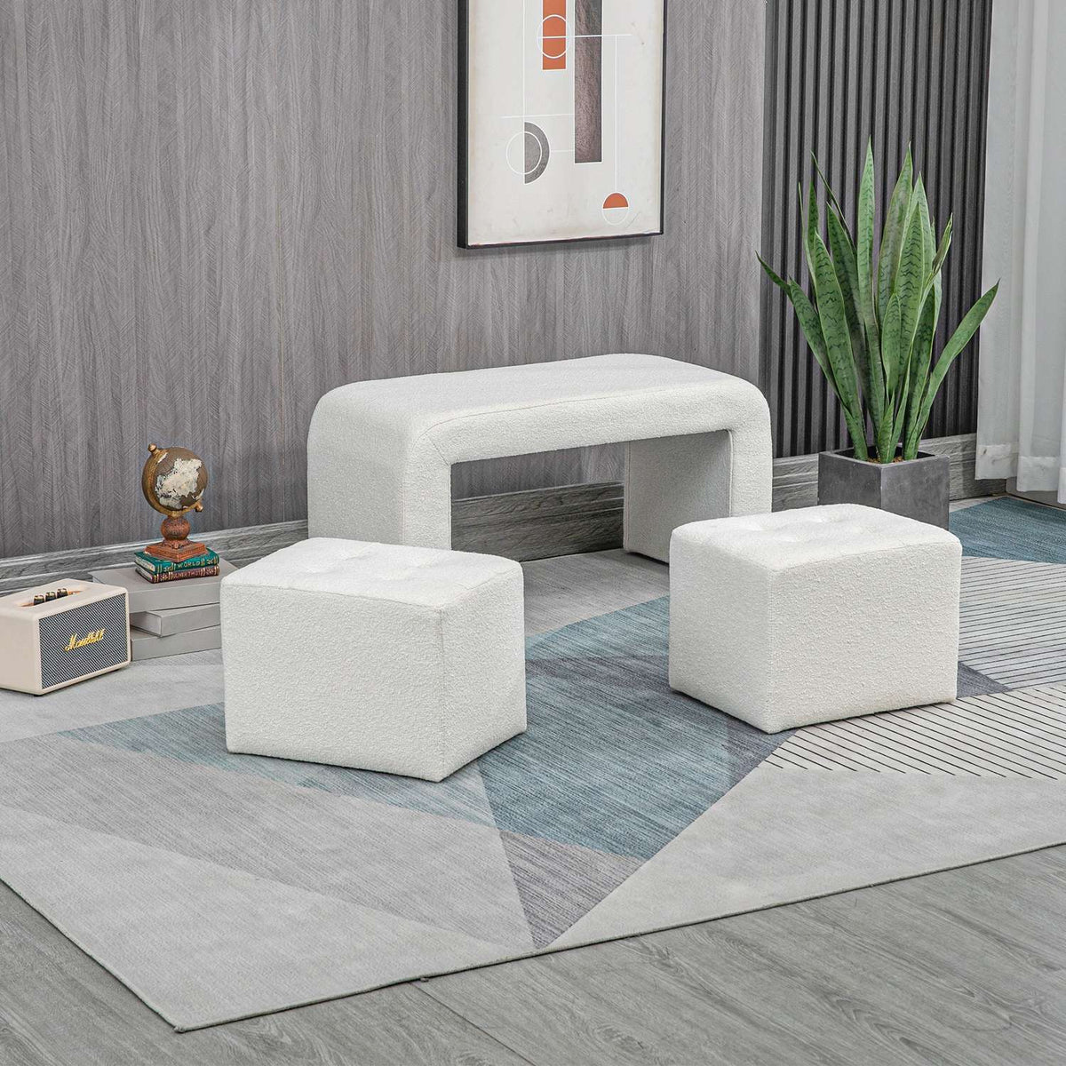 3-piece footstool, ottoman with 3 stools, footrest, upholstered stool for living room, bedroom, white