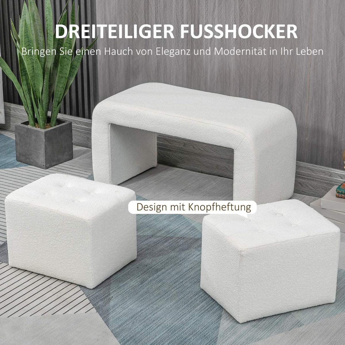 3-piece footstool, ottoman with 3 stools, footrest, upholstered stool for living room, bedroom, white