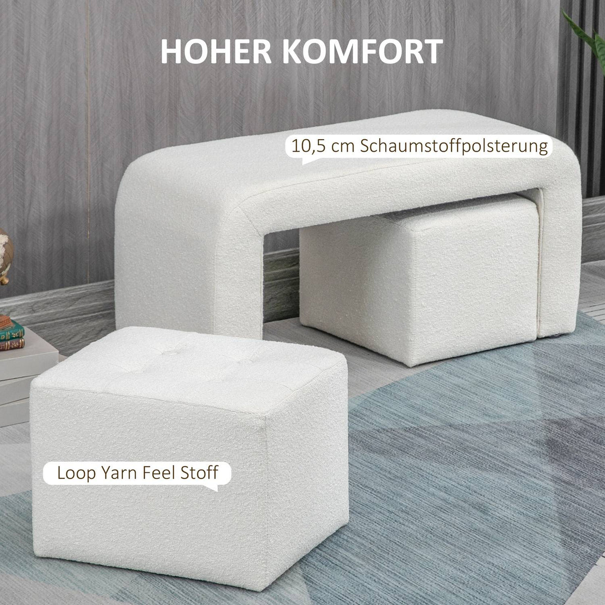 3-piece footstool, ottoman with 3 stools, footrest, upholstered stool for living room, bedroom, white