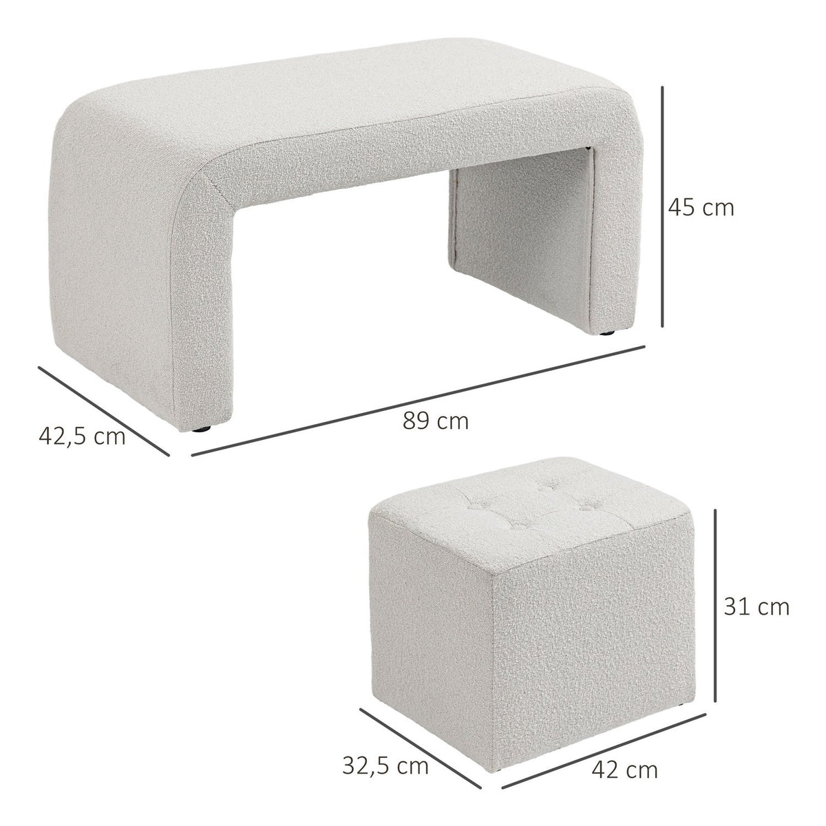 3-piece footstool, ottoman with 3 stools, footrest, upholstered stool for living room, bedroom, white
