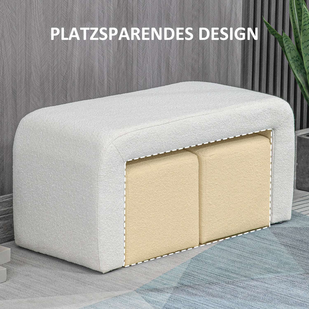 3-piece footstool, ottoman with 3 stools, footrest, upholstered stool for living room, bedroom, white