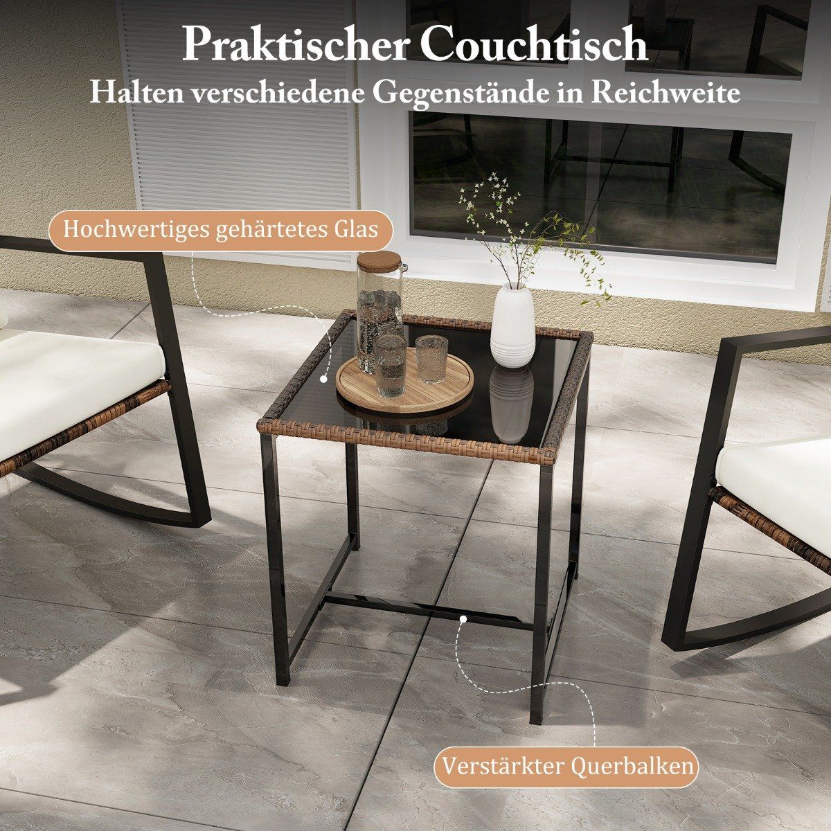 3-piece garden furniture set, balcony furniture with cushions, 2 rocking chairs and table