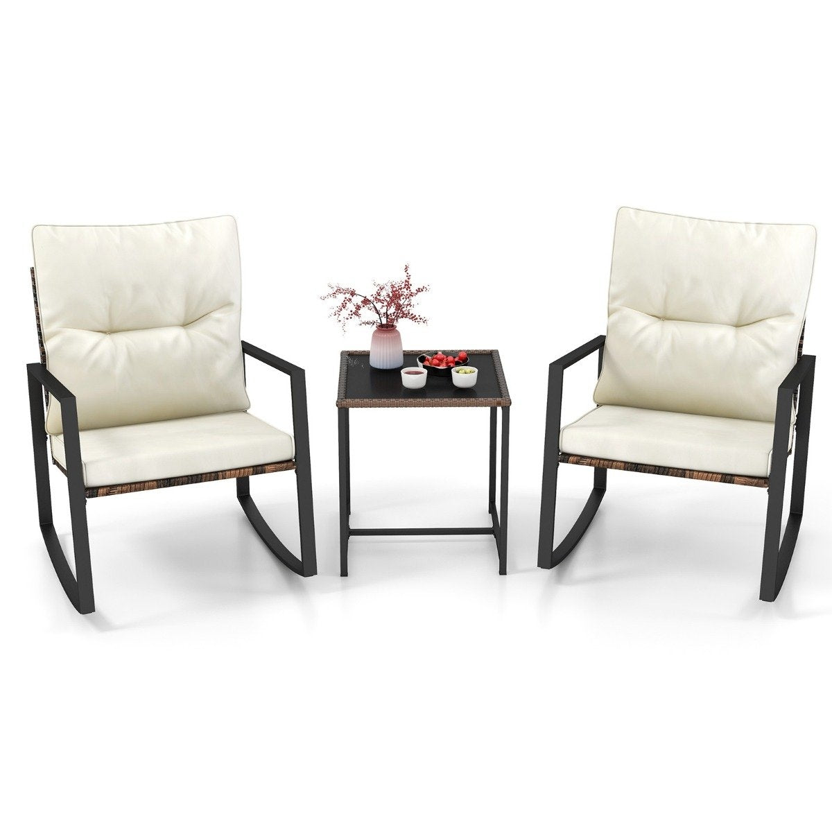 3-piece garden furniture set, balcony furniture with cushions, 2 rocking chairs and table
