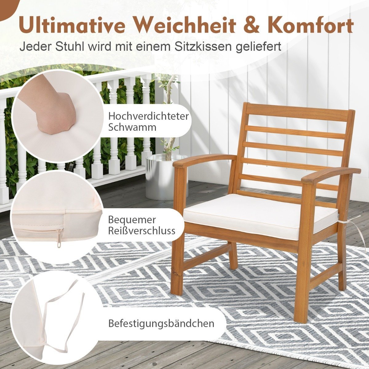 3-piece garden furniture set made of acacia wood with soft seat cushions and sturdy acacia wood frame