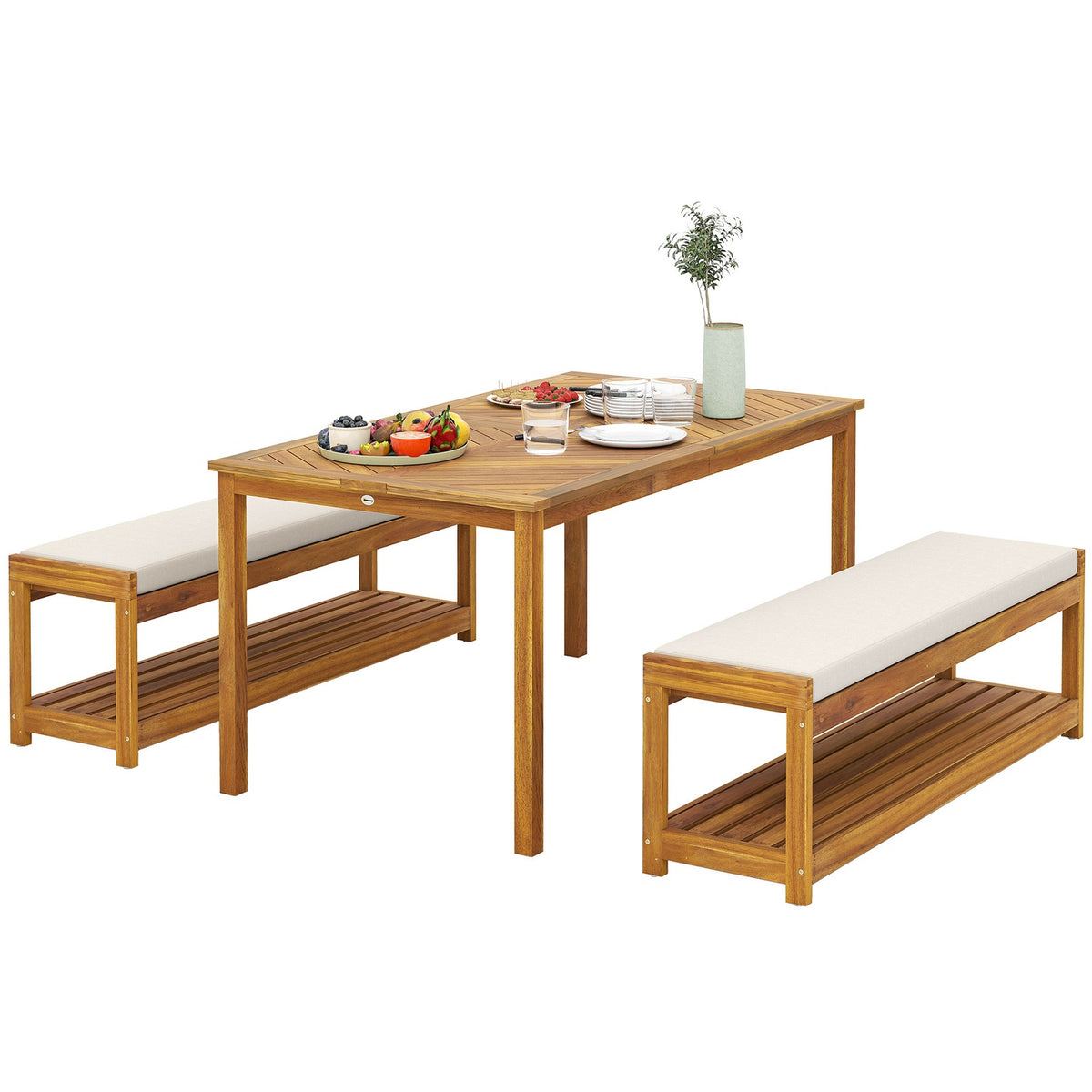 3-piece garden furniture set, seating set including 1 dining table with umbrella hole, 2 benches 150 x 85 x 75 cm teak