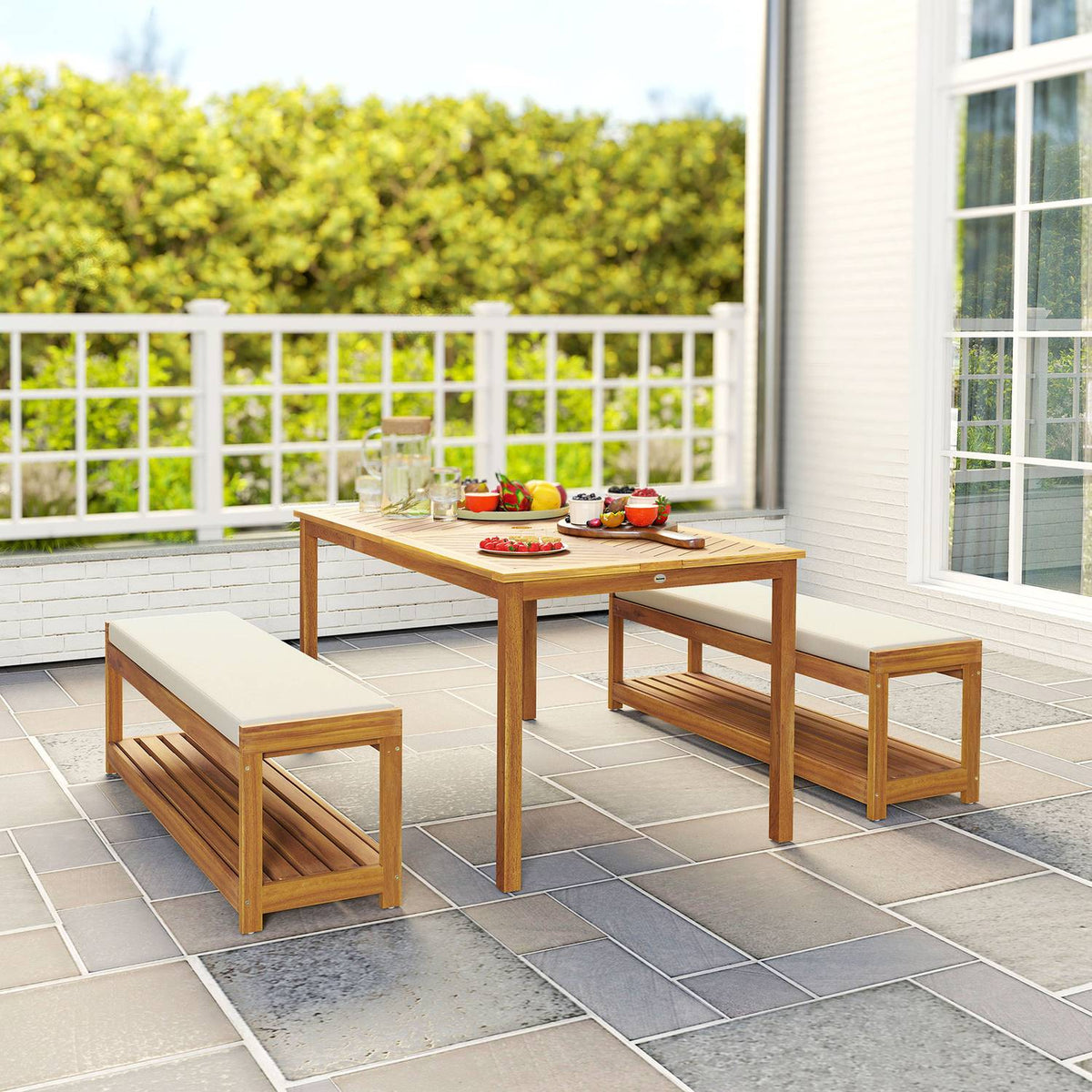 3-piece garden furniture set, seating set including 1 dining table with umbrella hole, 2 benches 150 x 85 x 75 cm teak
