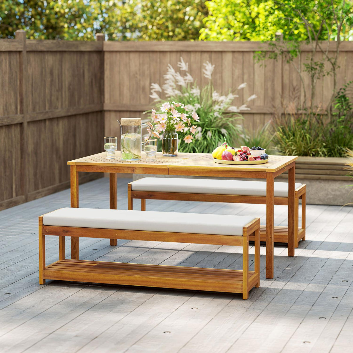 3-piece garden furniture set, seating set including 1 dining table with umbrella hole, 2 benches 150 x 85 x 75 cm teak