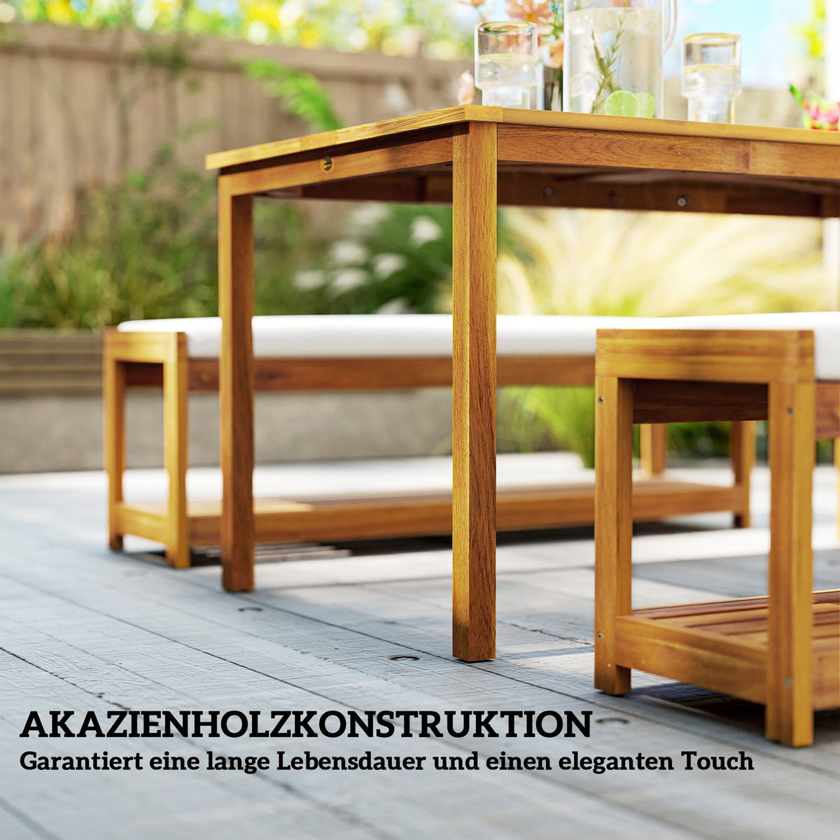 3-piece garden furniture set, seating set including 1 dining table with umbrella hole, 2 benches 150 x 85 x 75 cm teak