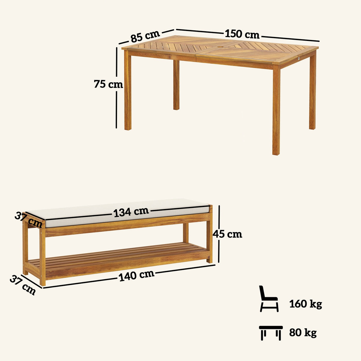 3-piece garden furniture set, seating set including 1 dining table with umbrella hole, 2 benches 150 x 85 x 75 cm teak