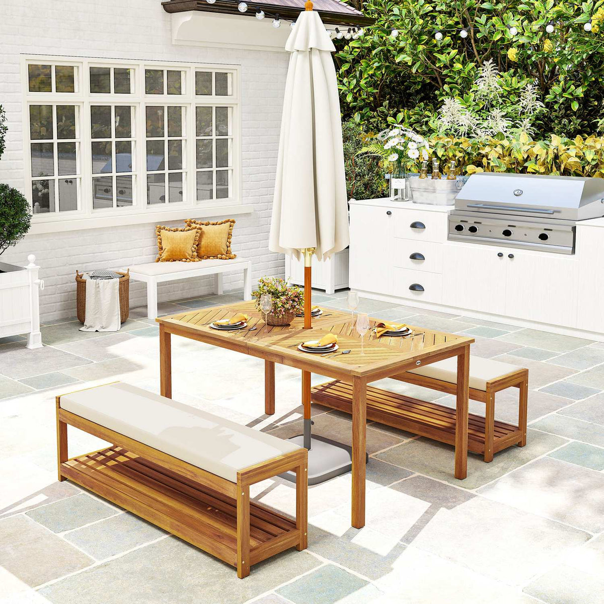 3-piece garden furniture set, seating set including 1 dining table with umbrella hole, 2 benches 150 x 85 x 75 cm teak
