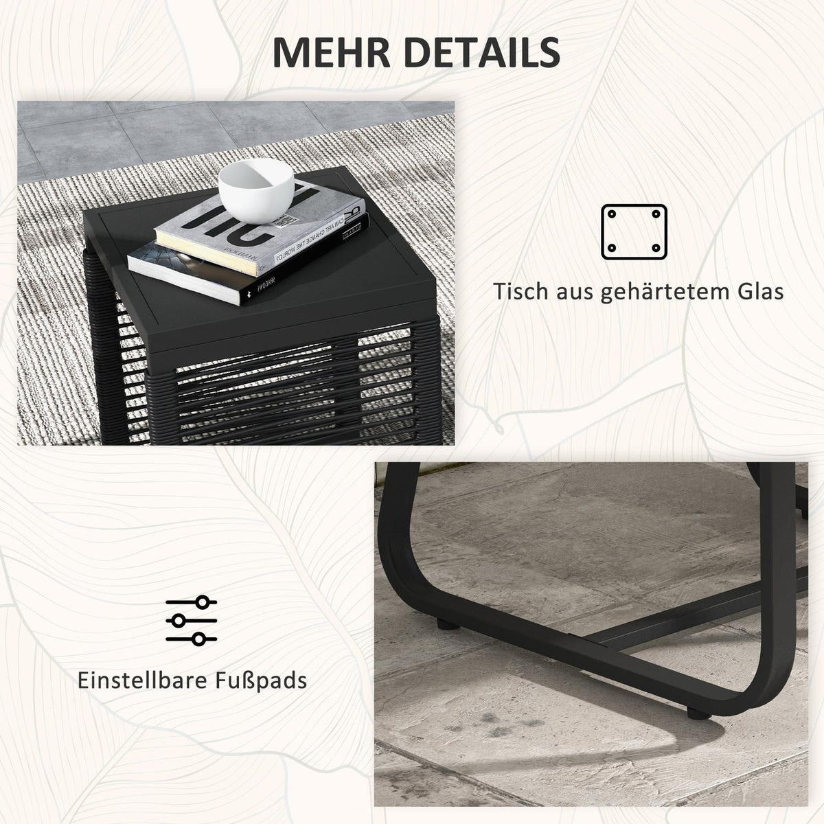 3-piece rattan garden furniture set, elegant seating group with 2 garden chairs and side table made of tempered glass with cushions for balcony, black
