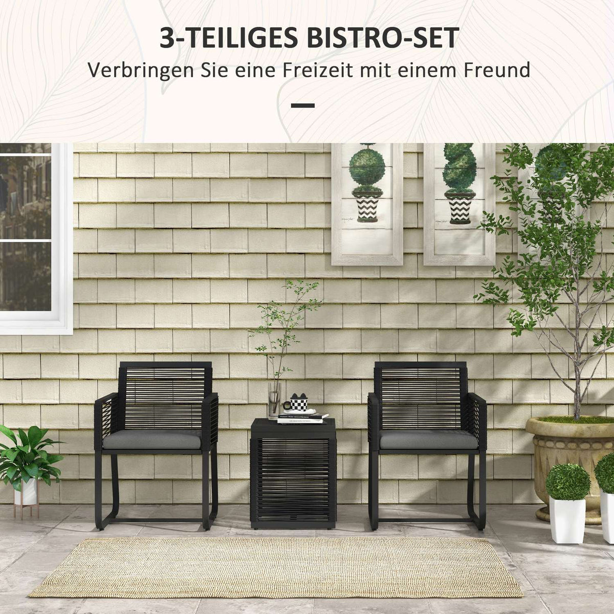 3-piece rattan garden furniture set, elegant seating group with 2 garden chairs and side table made of tempered glass with cushions for balcony, black
