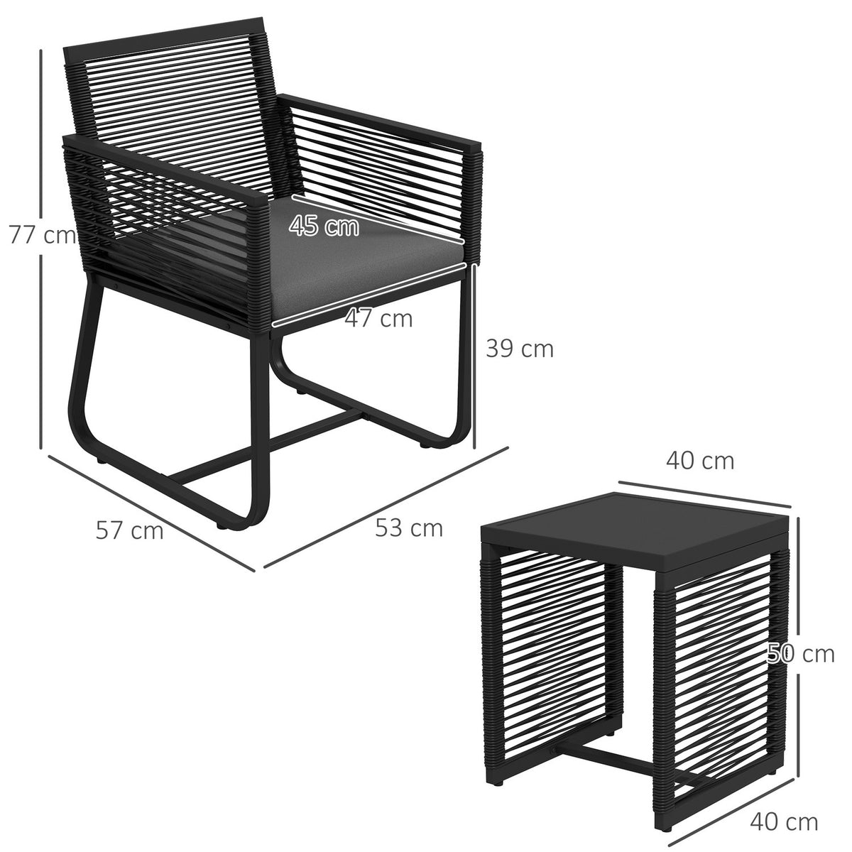 3-piece rattan garden furniture set, elegant seating group with 2 garden chairs and side table made of tempered glass with cushions for balcony, black