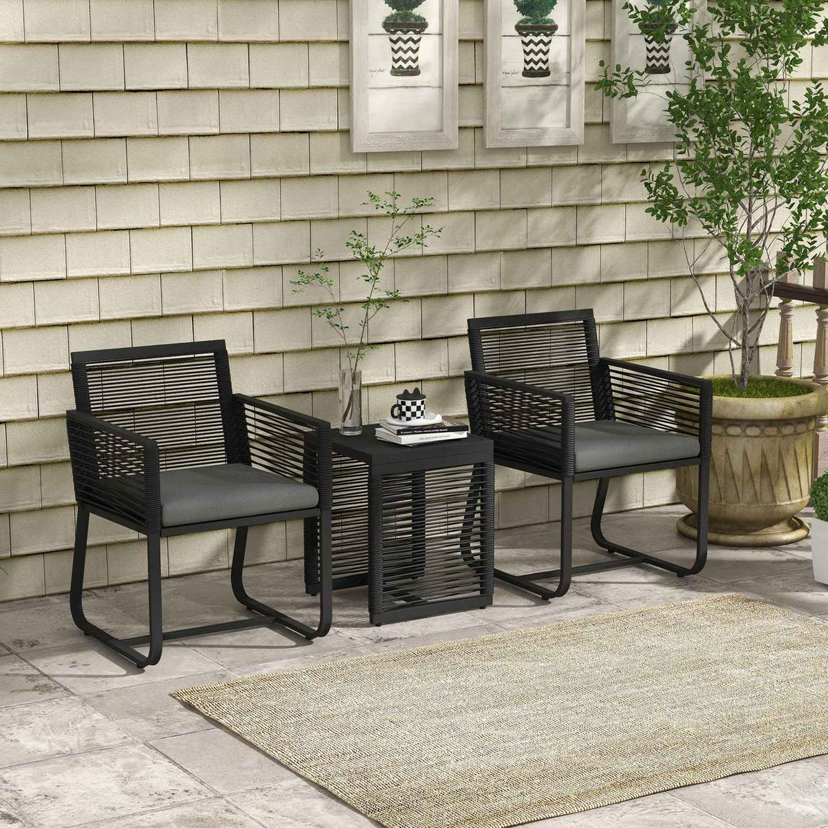 3-piece rattan garden furniture set, elegant seating group with 2 garden chairs and side table made of tempered glass with cushions for balcony, black