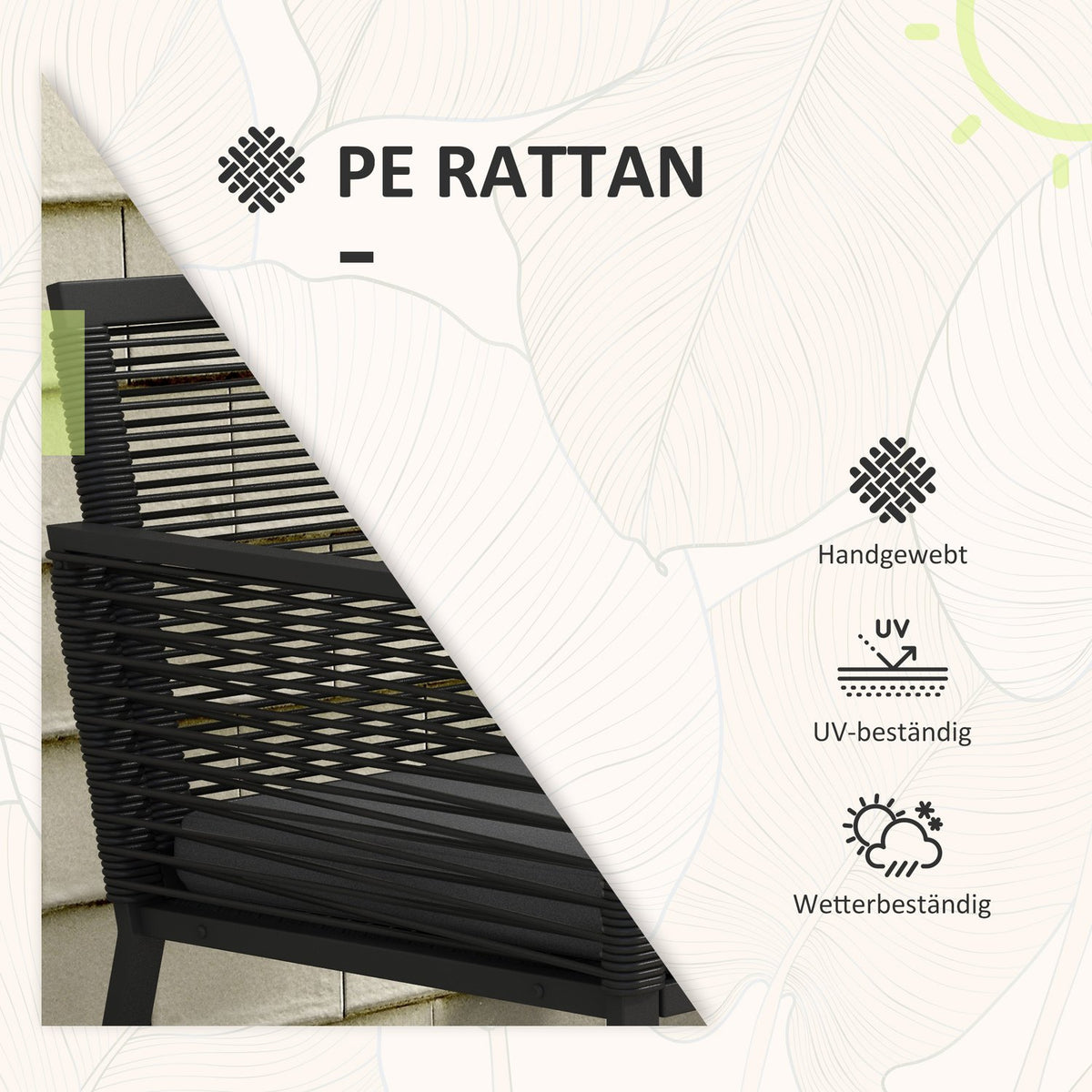 3-piece rattan garden furniture set, elegant seating group with 2 garden chairs and side table made of tempered glass with cushions for balcony, black
