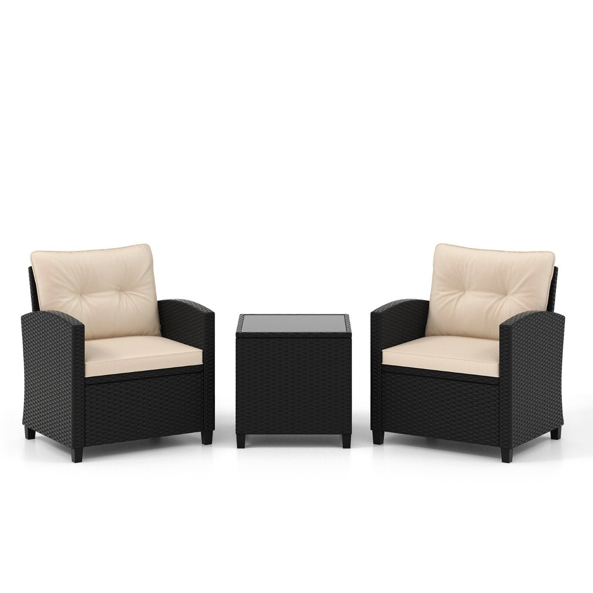 3-piece rattan garden furniture set including 2 armchairs and 1 side table, seating set with cushions, beige