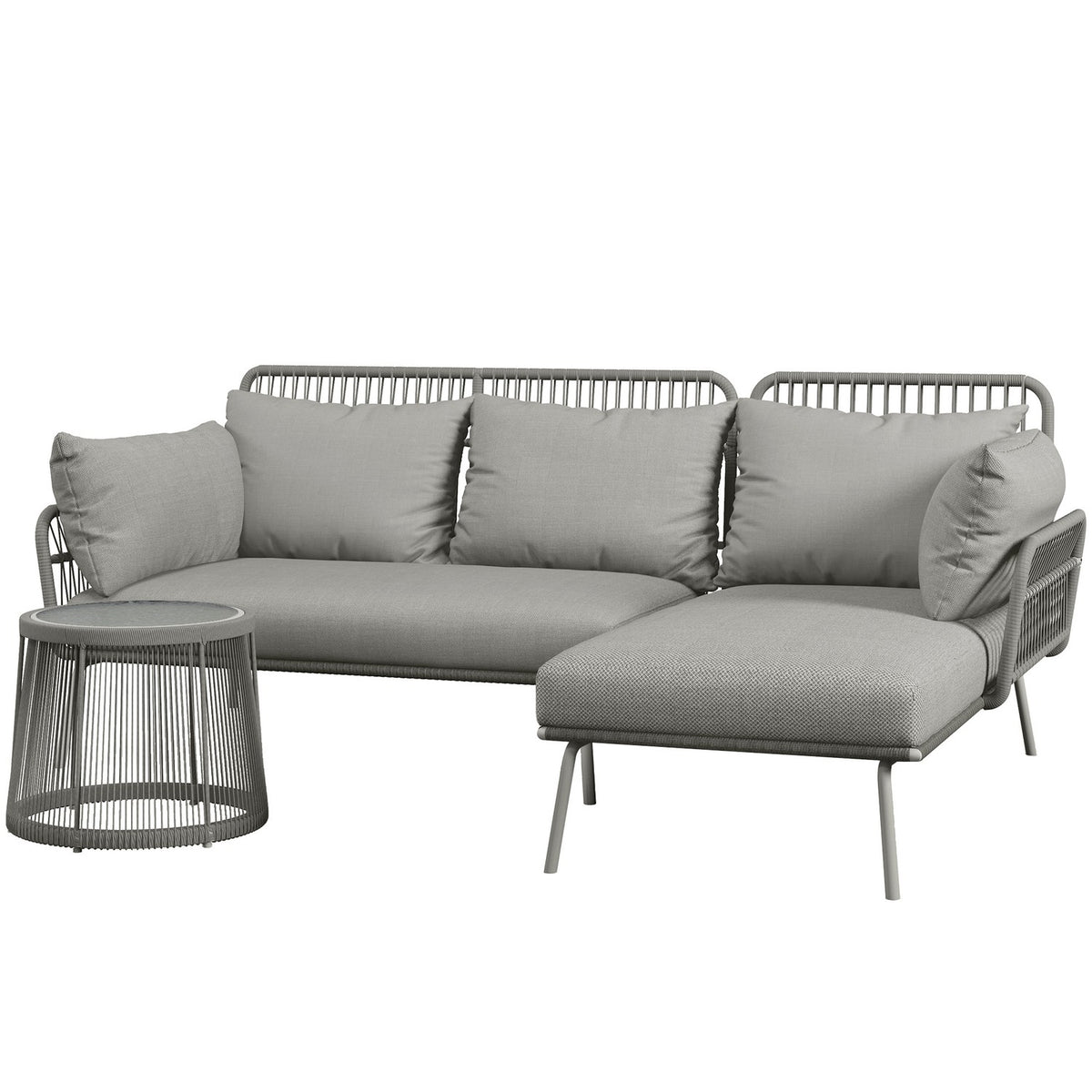 3-piece rattan garden furniture set with cushions, garden set consisting of 1 side table, 1 deck chair, 1 double sofa, steel, light gray