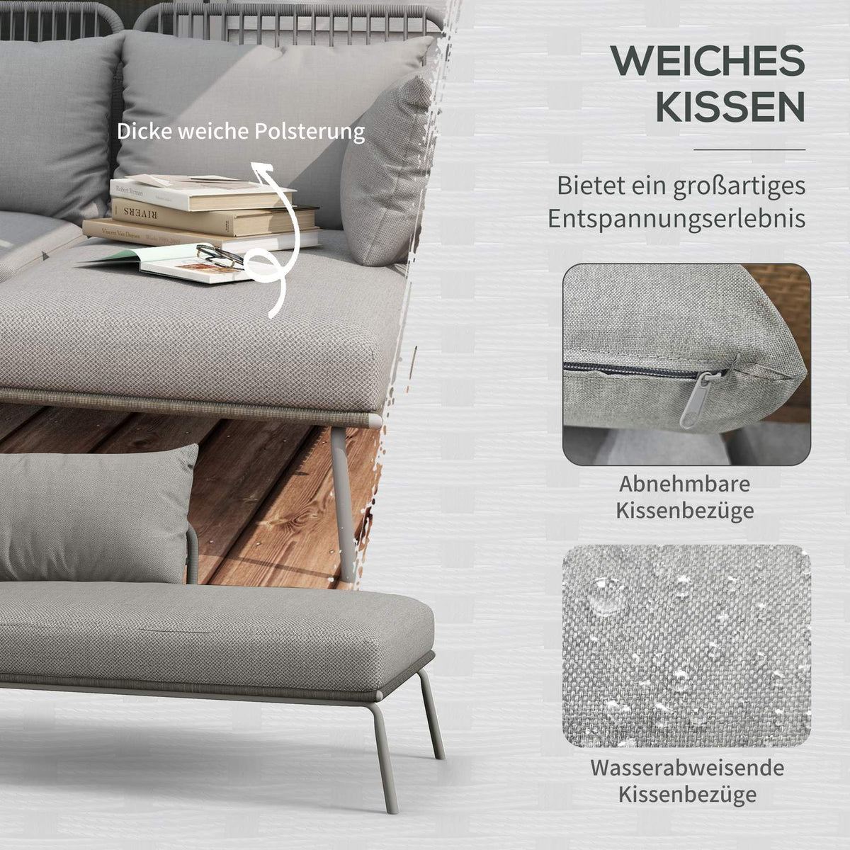3-piece rattan garden furniture set with cushions, garden set consisting of 1 side table, 1 deck chair, 1 double sofa, steel, light gray