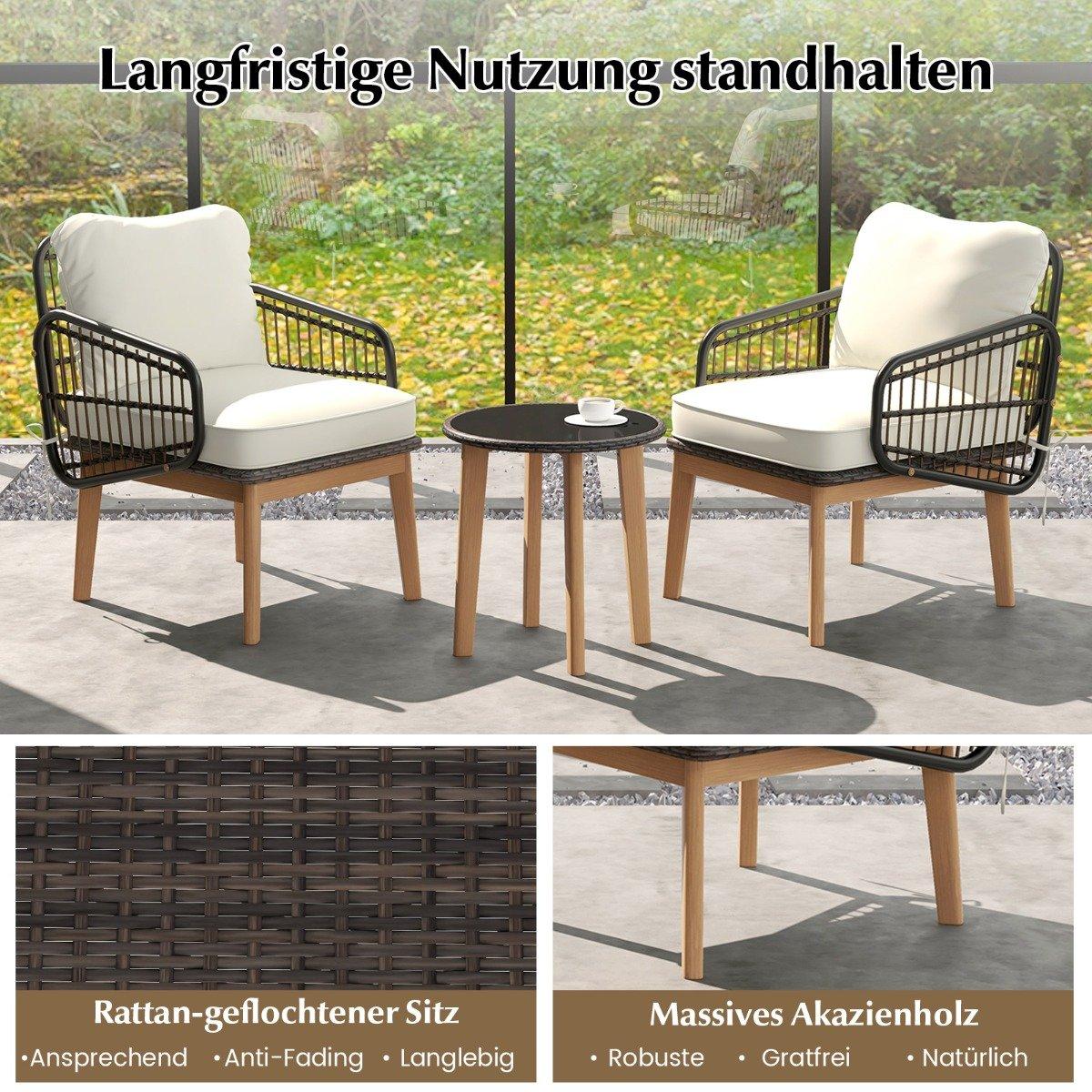 3-piece rattan patio furniture set garden seating set 2 wicker chairs & glass side table & cushions