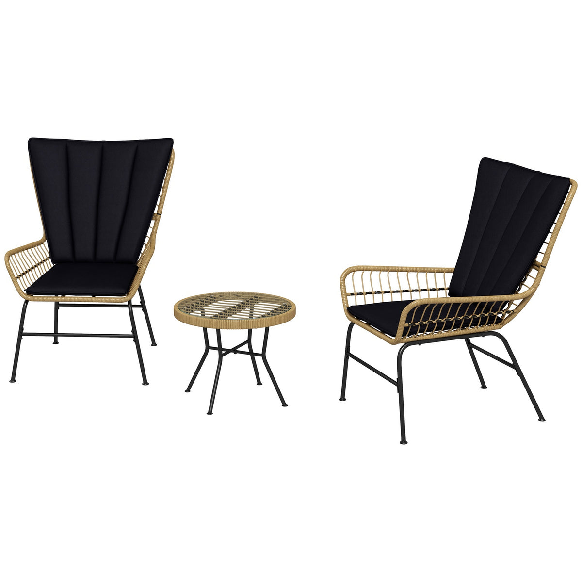 3-piece rattan seating group garden furniture set with 2 chairs & side table tempered glass top and cushions