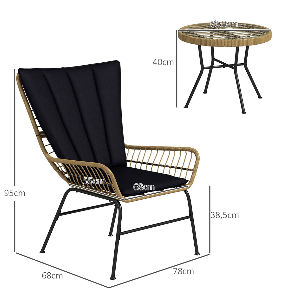 3-piece rattan seating group garden furniture set with 2 chairs & side table tempered glass top and cushions
