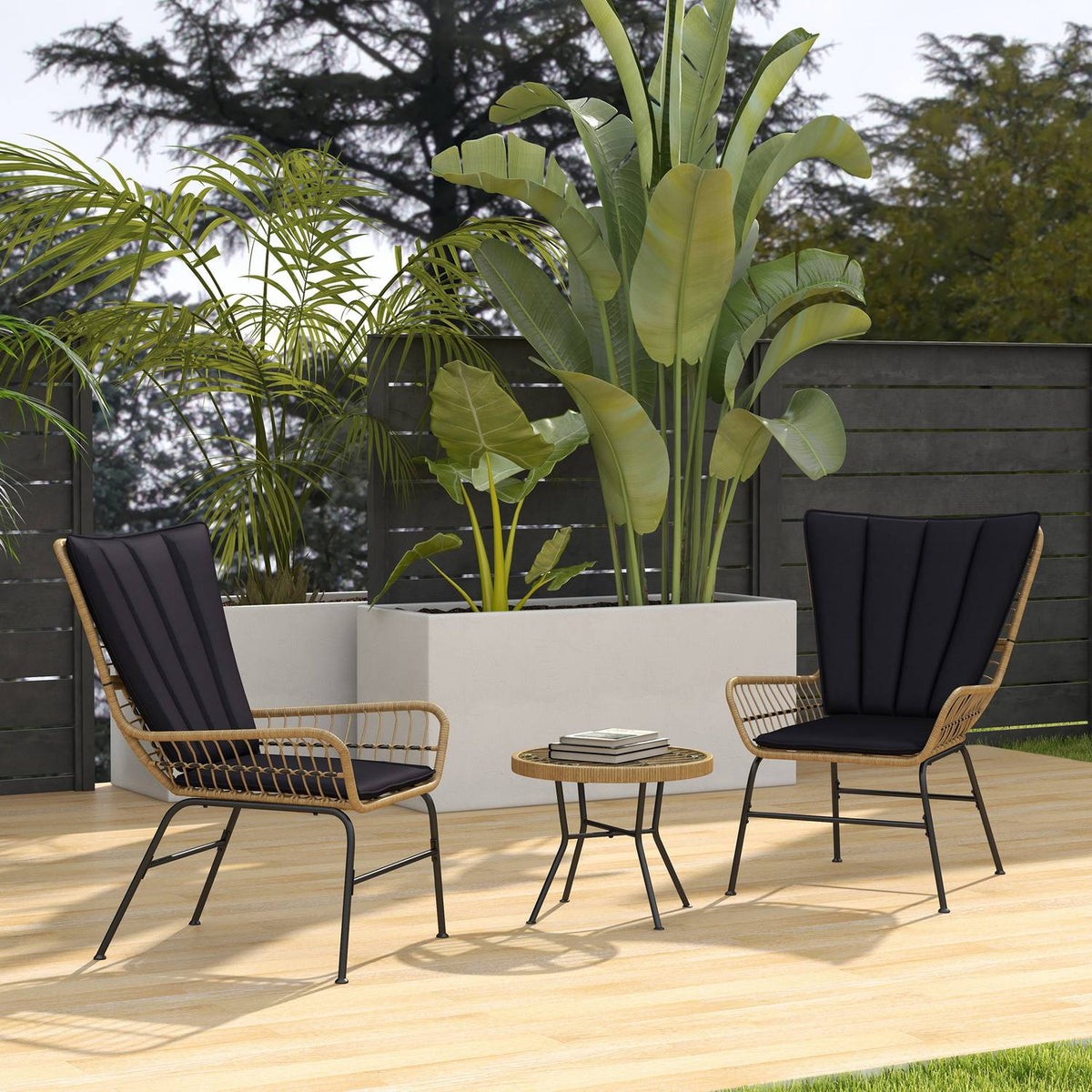 3-piece rattan seating group garden furniture set with 2 chairs & side table tempered glass top and cushions
